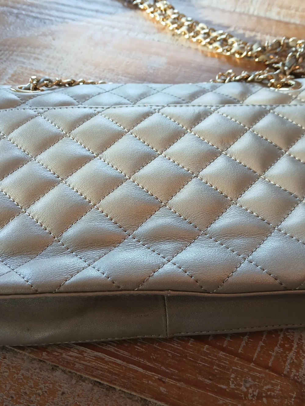 Kate Landry Quilted Champagne Metallic Shoulder Bag with Chain Strap